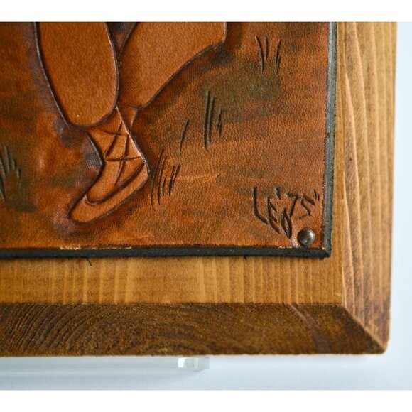 Handtooled Leather Man Woman Folk Art on Wood Wall Decor Vintage - Picture 4 of 6